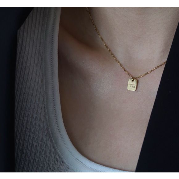 18K Gold Plated Minimalistic Dainty Tag Good Luck Charm Necklace - Picture 4 of 7